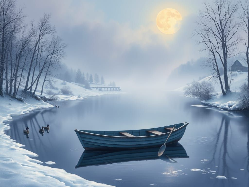 Misty Winter Landscape with Moonlit River