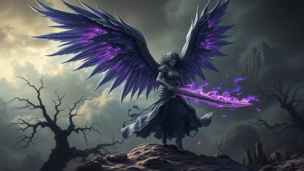 Dark Fantasy Angel Descends with Greatsword in Hand