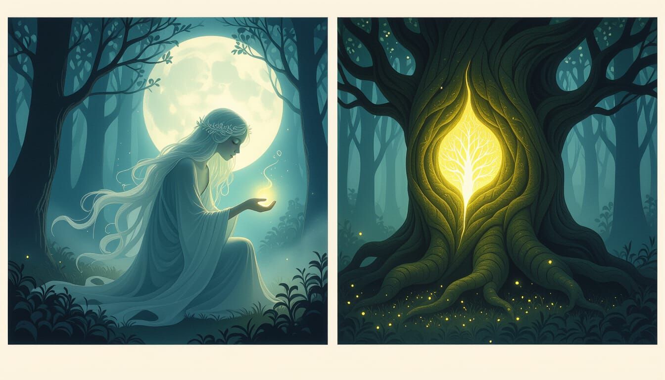 Ethereal Forest Spirit Tends Glowing Ancient Tree