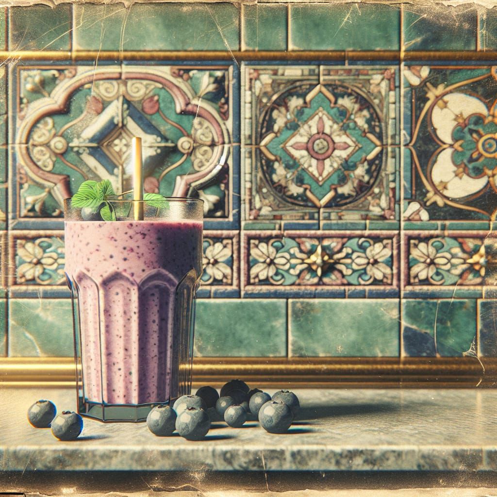 Retro Blueberry Smoothie Scene in Muted Pastel Tones