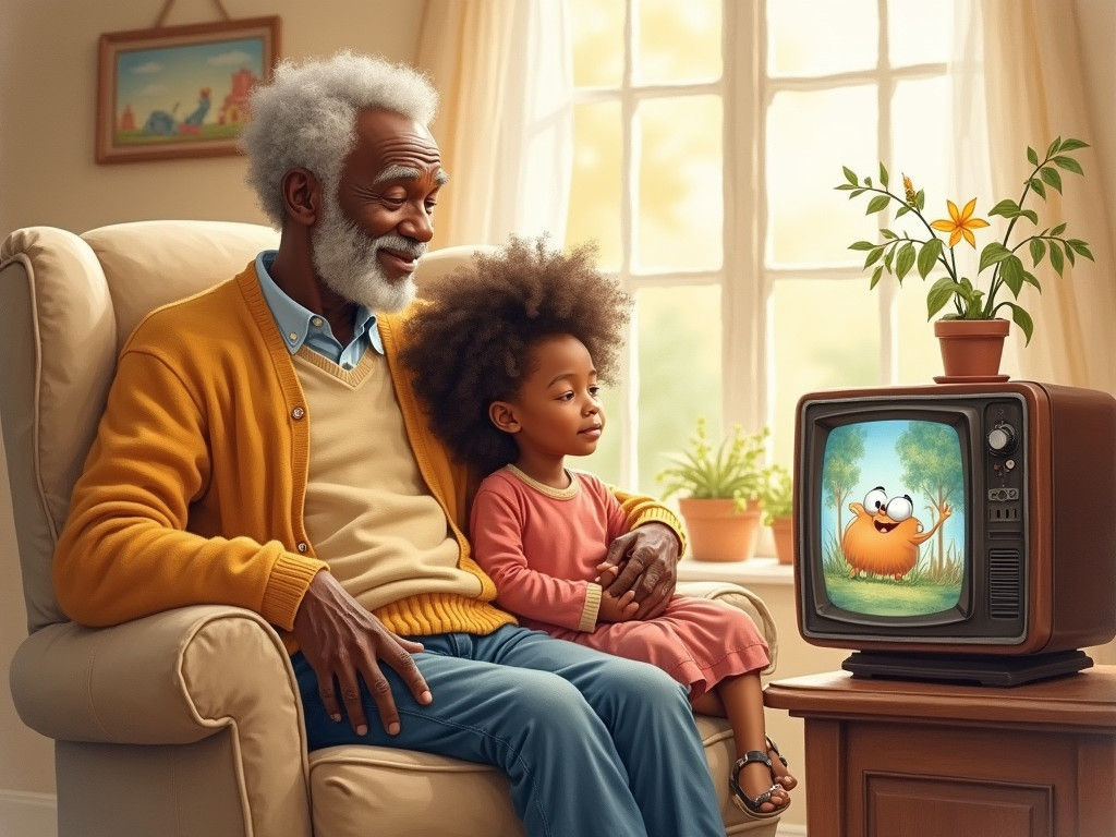 Heartwarming Grandfather and Granddaughter in Watercolor Sty...