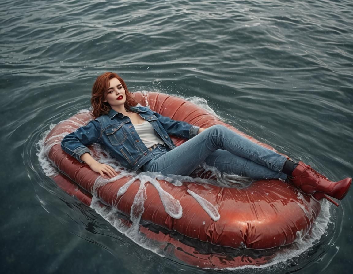 Glamorous Woman on Float in Sea: Photorealistic Image