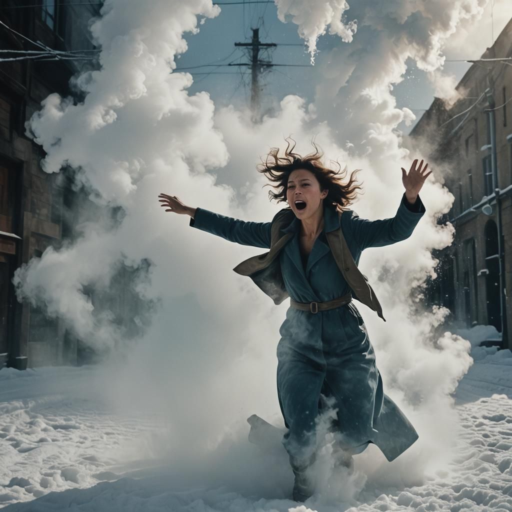 Woman Emerges from Freezer Vent: Cinematic Still