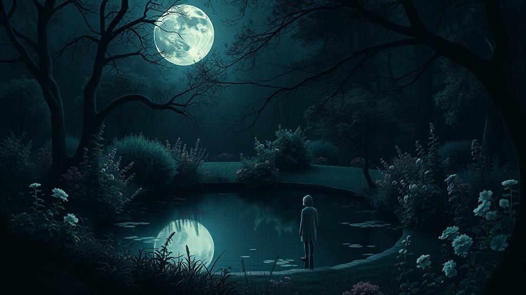 Mysterious Midnight Garden with Lone Figure