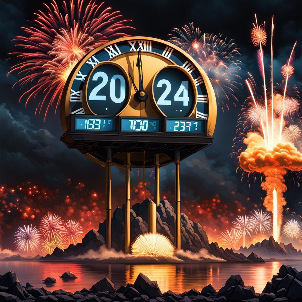 Doomsday Clock Countdown with Fireworks and Nuclear Cloud
