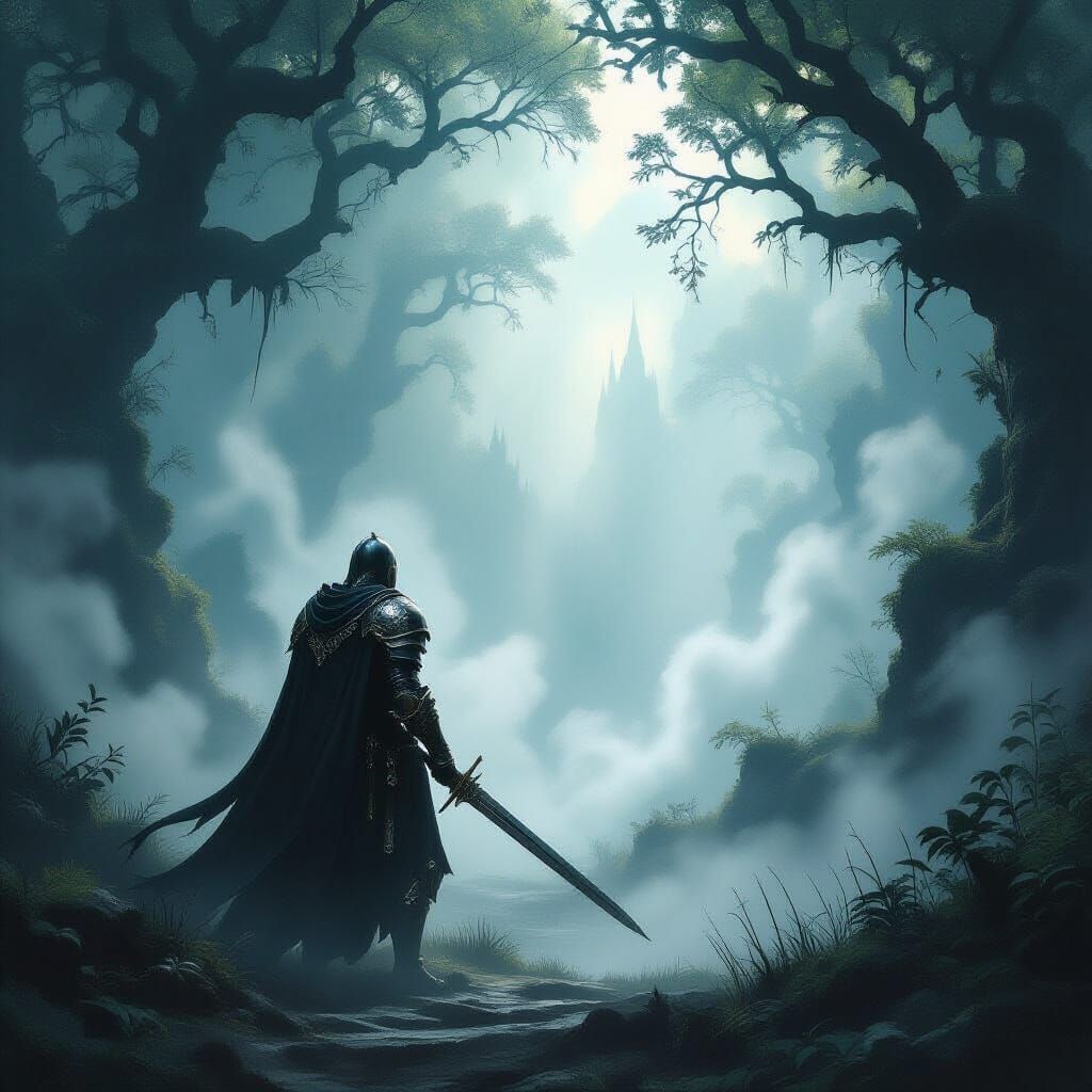 Knight at Foggy Forest Edge in Dark Fantasy Style