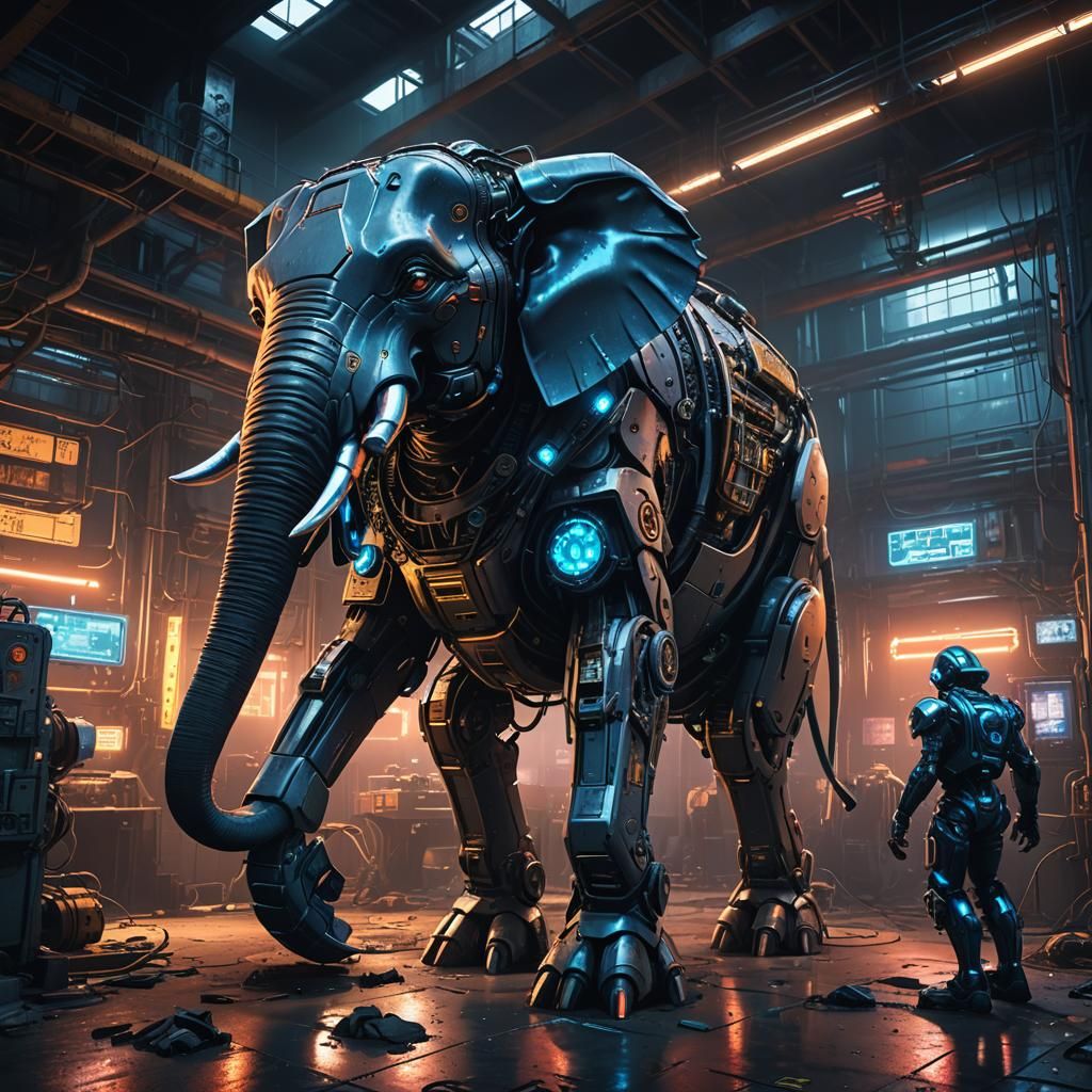 Cyberpunk Elephant Robot Crushing Humanoid