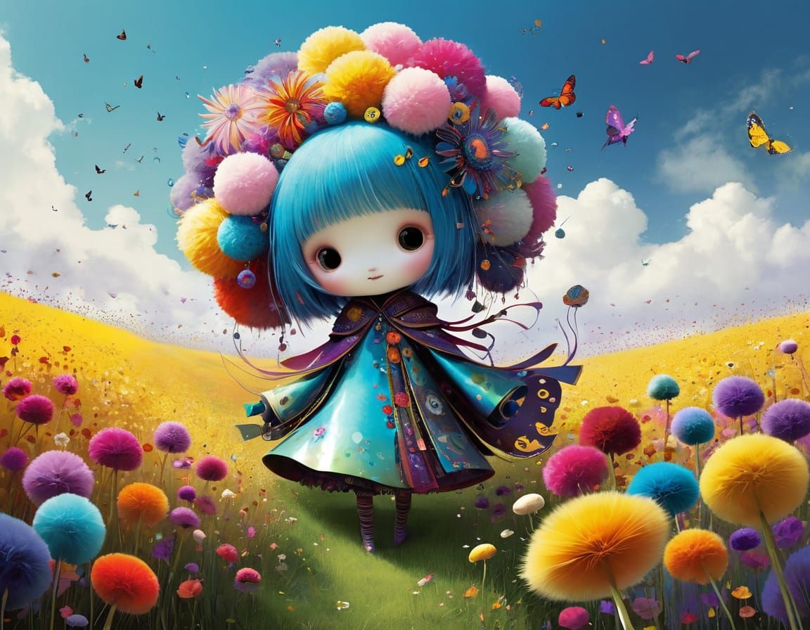 Pom Pom Creature in a Field of Flowers