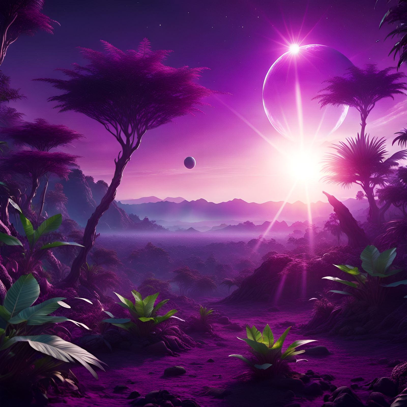 Purple Planetary Sunset with Alien Jungle Foliage