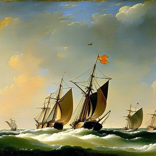 Sailing Ships in Strong Wind as Impasto Painting