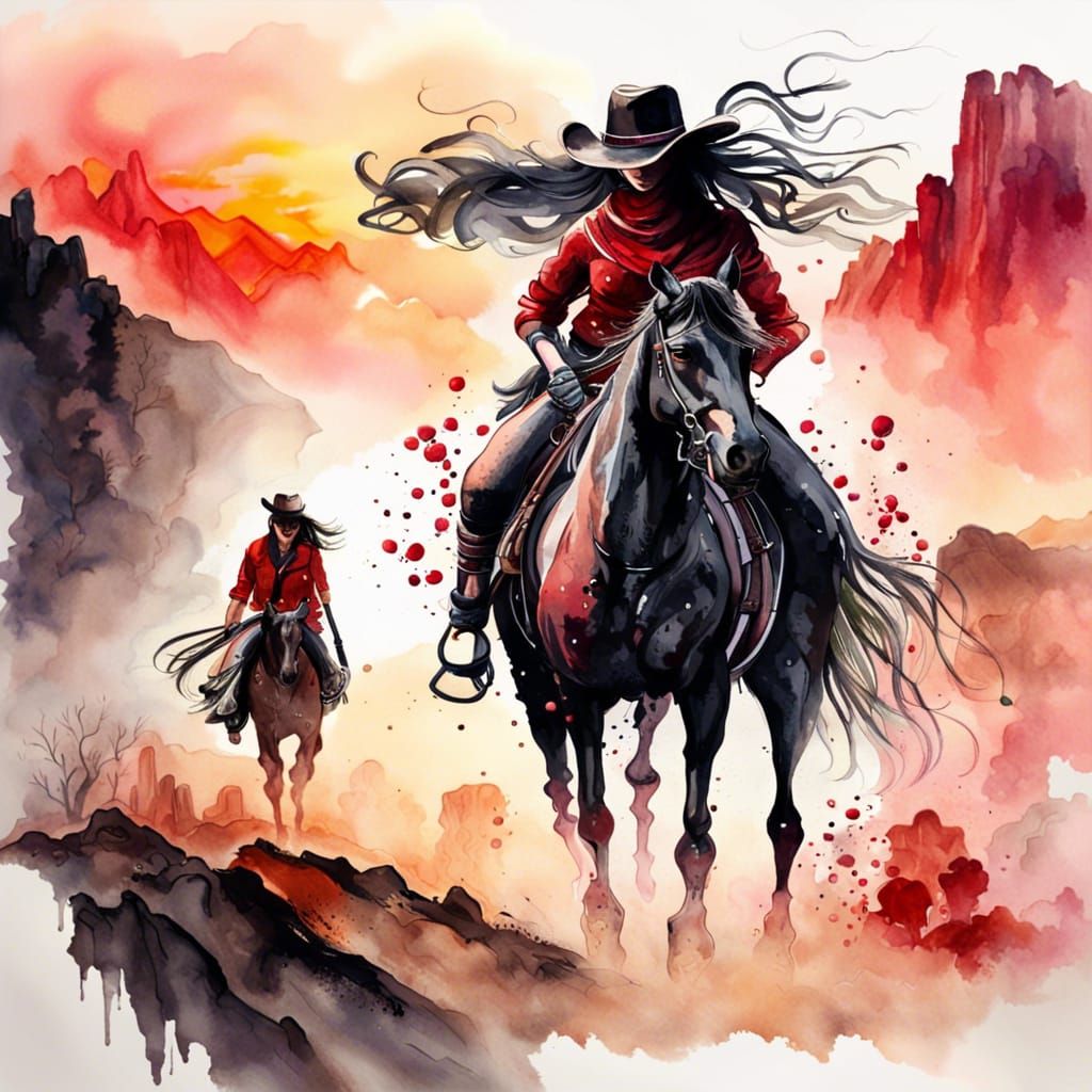 Cowgirl and Cowboy on Horseback: Watercolor Painting