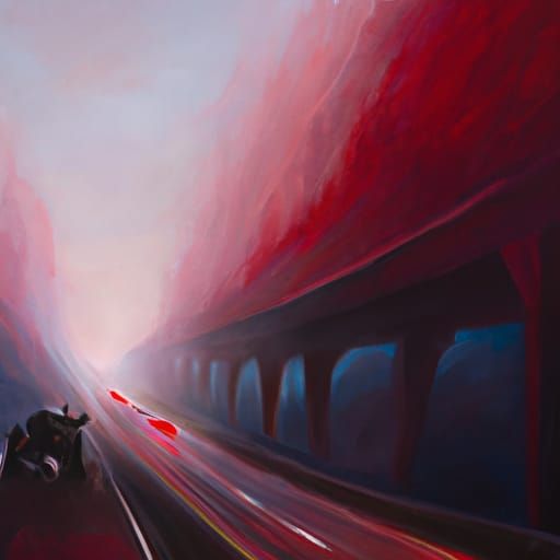 Crimson Fog Highway in Sinister Oil Painting Style