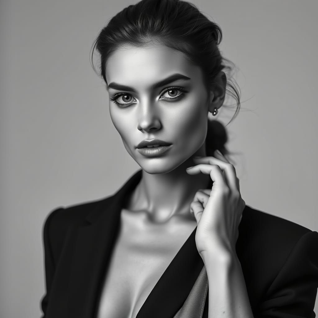Elegant Supermodel in High-Contrast Black and White