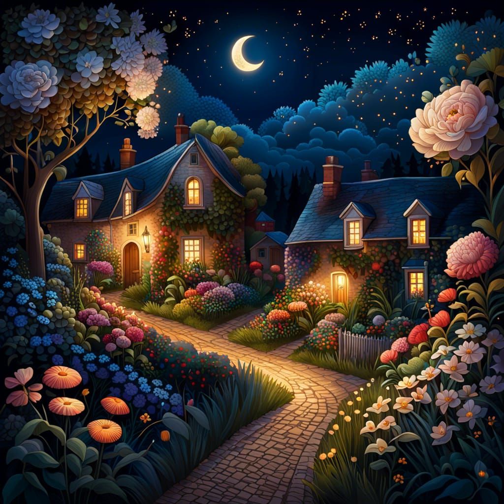 Nighttime Country Village Illustration in Art Nouveau Style