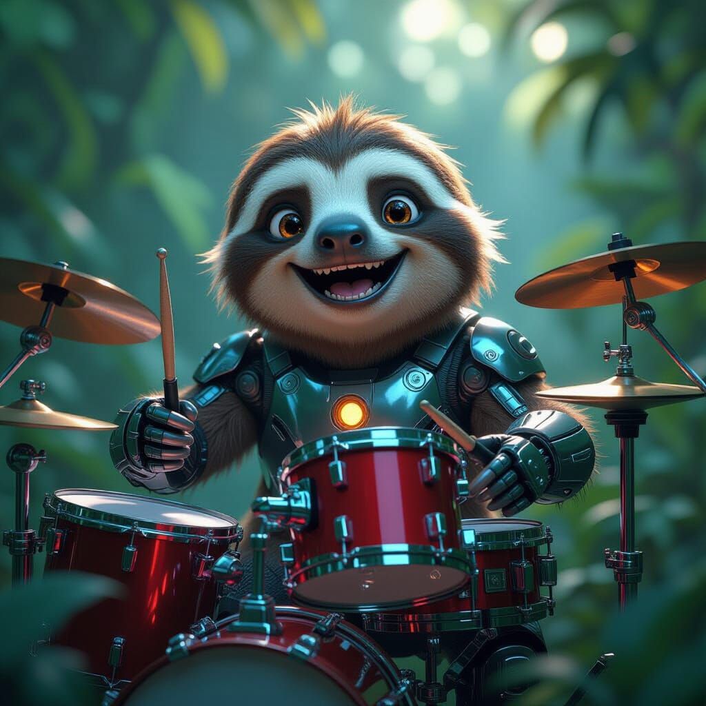 Joyful Cyborg Sloth Plays Futuristic Drums in Moody Jungle