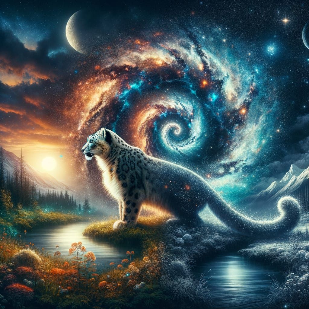 Snow Leopard Cosmic Duality in Romantic Style