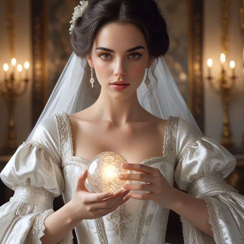 Ethereal Lady in Baroque Gown, Radiating Healing Light