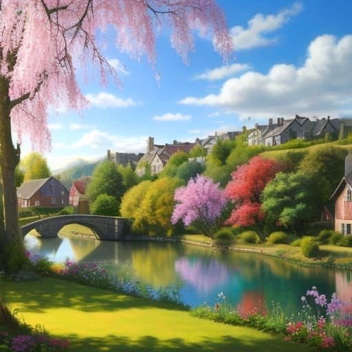 Vivid Oil Painting of a Sunny Village Scene