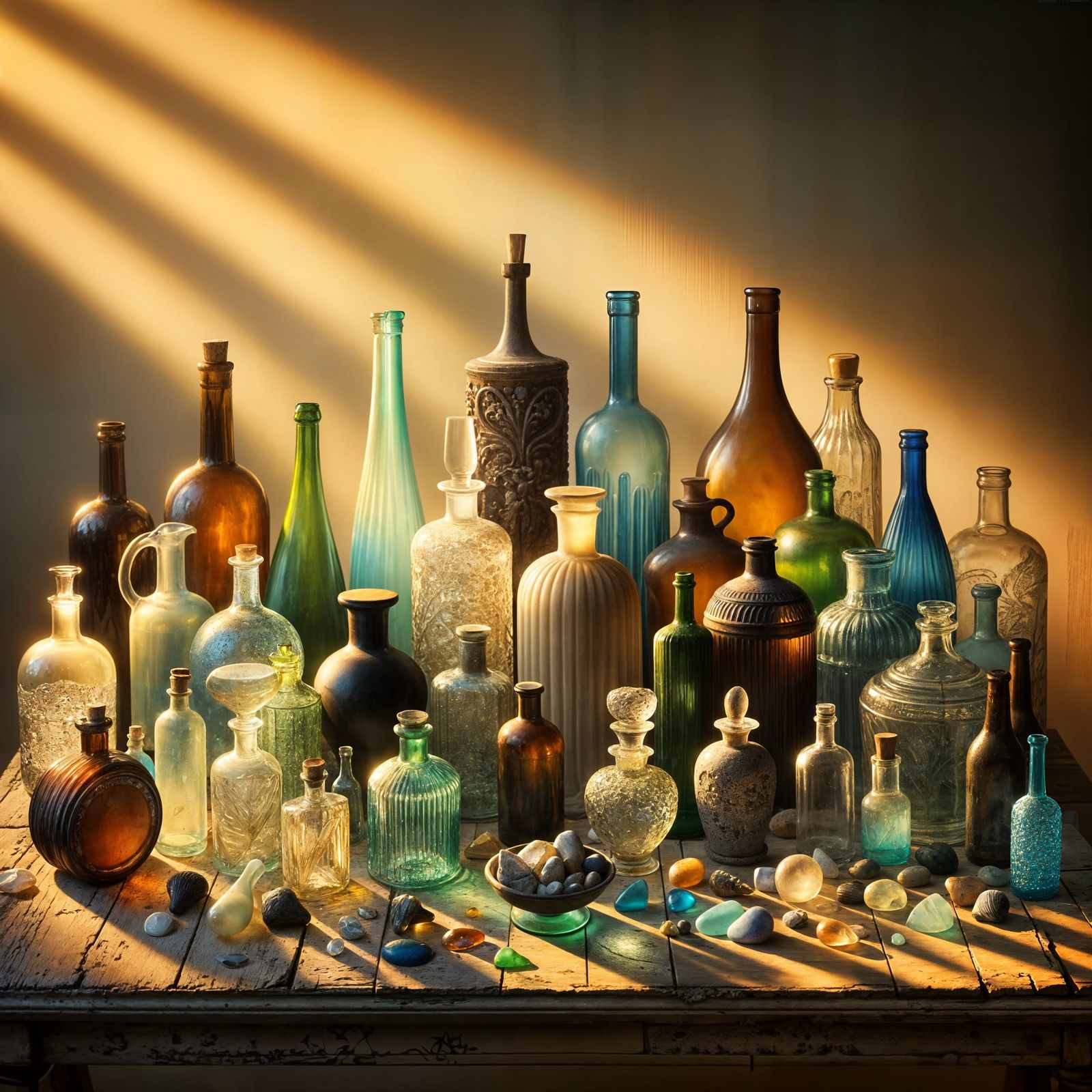 Diverse Bottles on Antiqued Table at Sunset