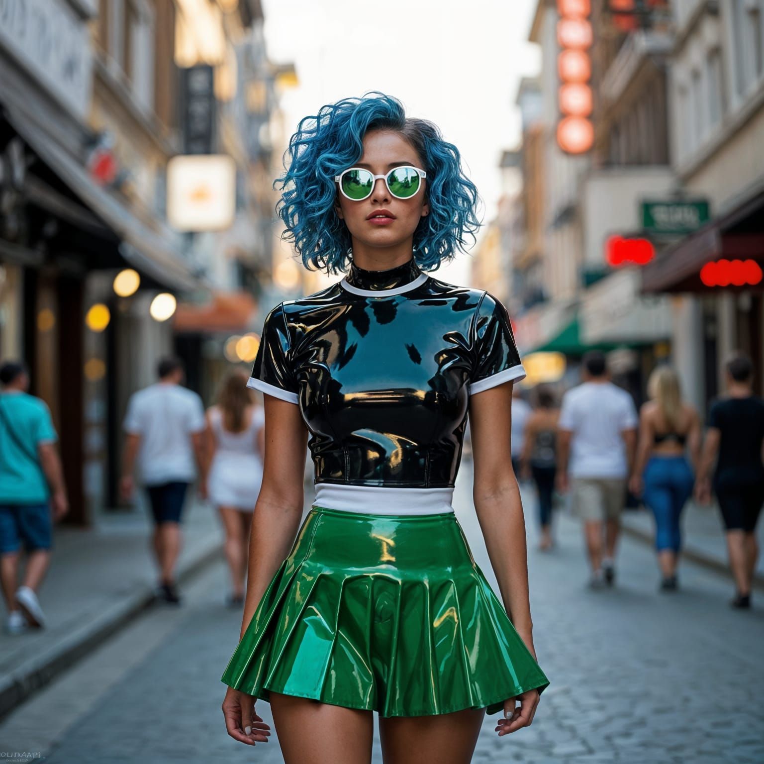 Woman in Shiny Latex Outfit on City Street