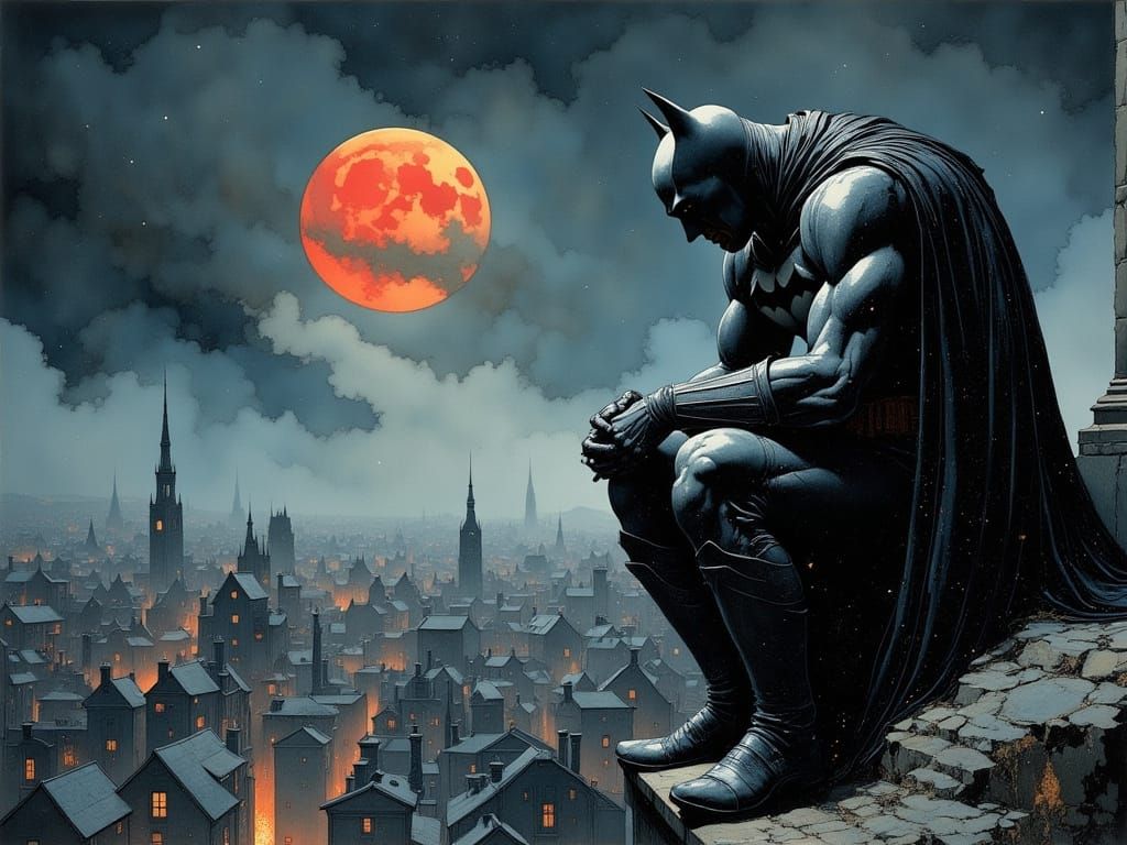 Batman in a Haunting, Gothic Gotham Night Scene