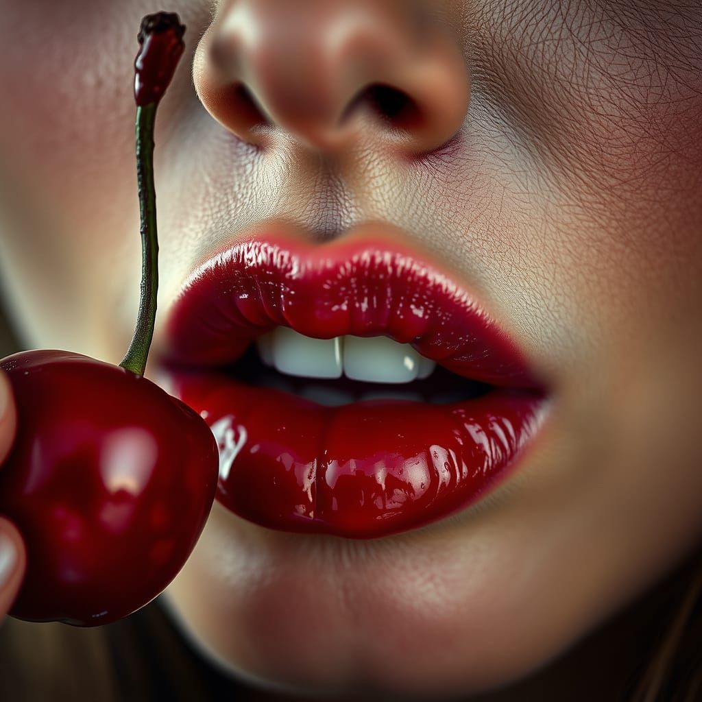 Hyperrealistic Close-Up of a Woman Savoring a Cherry