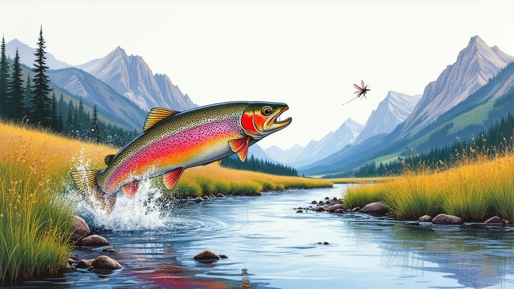 Vibrant Trout Leaps from Serene Mountain Stream in Intricate...