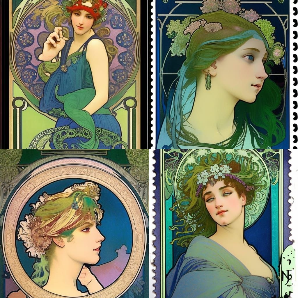 Art Nouveau Stamp of a Woman with Green Hair