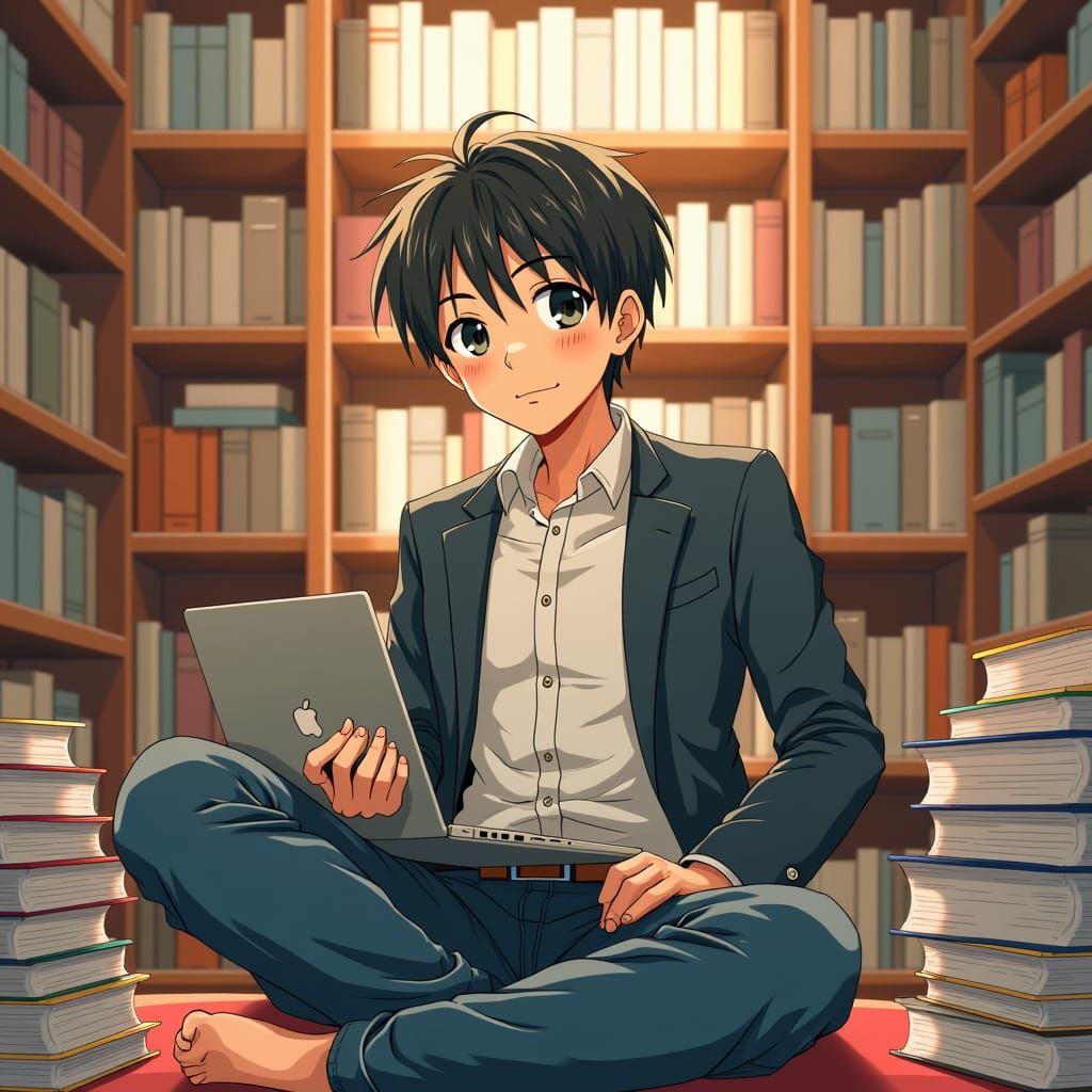 Anime Boy in College Library, Dreamy Illustration