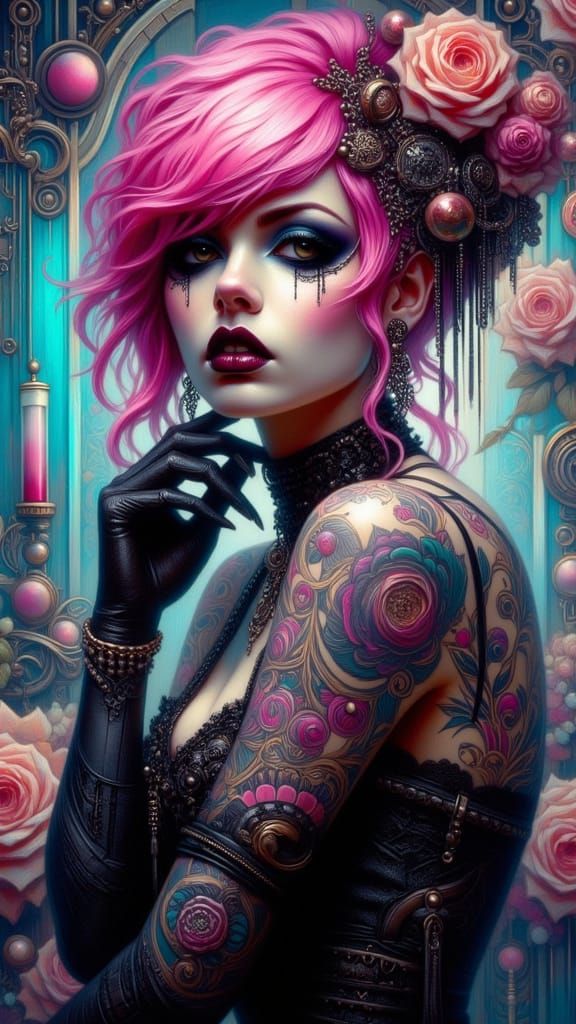 Cyberpunk Woman with Pink Hair in Futuristic Lab