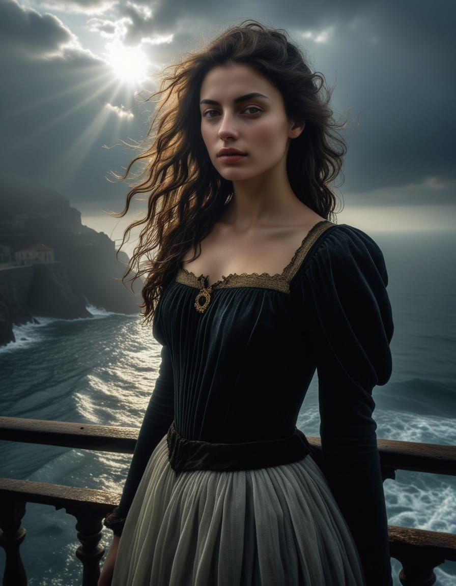 Woman Overlooking Foggy Sea: Baroque Oil Painting