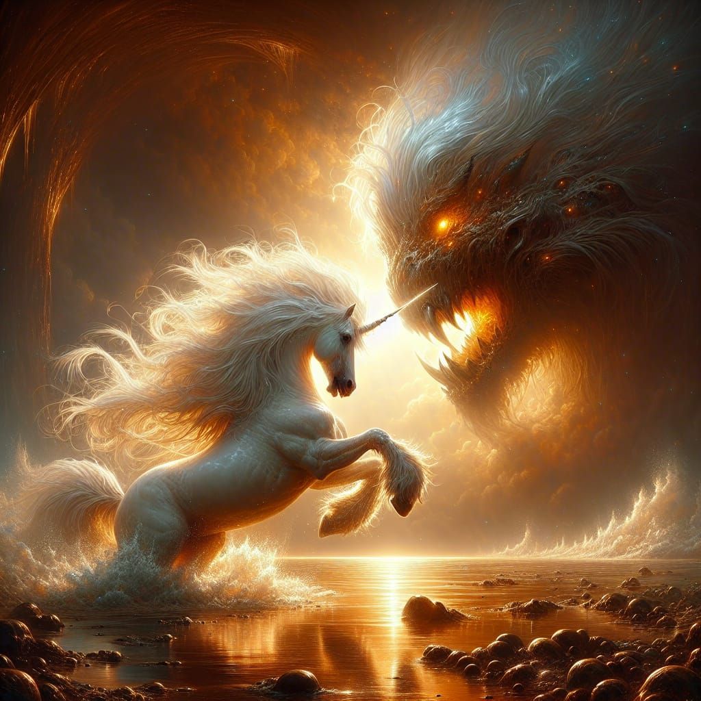 Unicorn Confronts Glowing-Eyed Sea Monster in Digital Art
