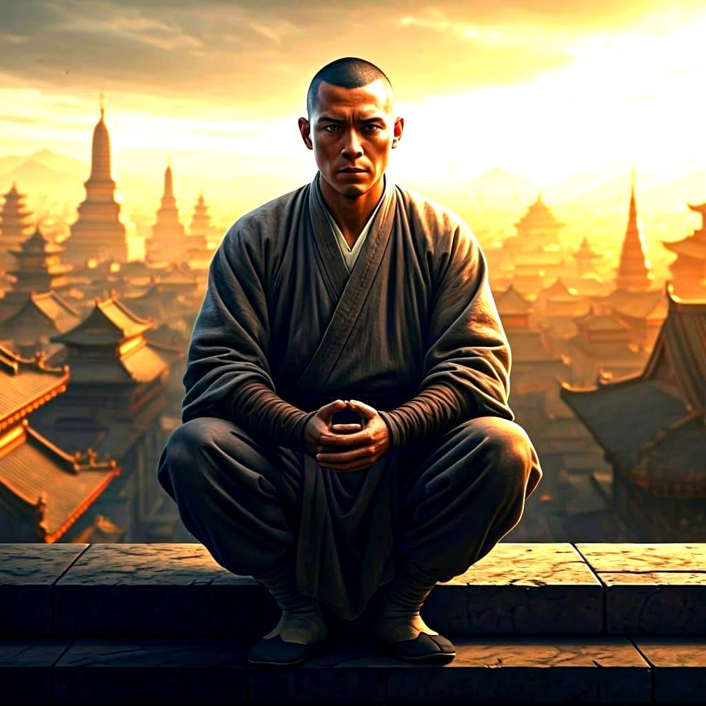 Warrior Monk Overlooking Fantasy City, Abstract Art