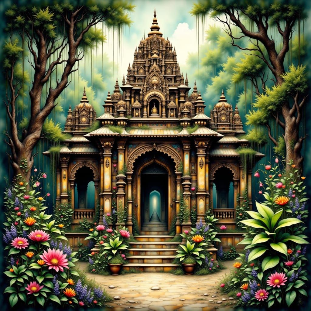 Hindu Temple Amidst Greenery in Traditional Digital Art
