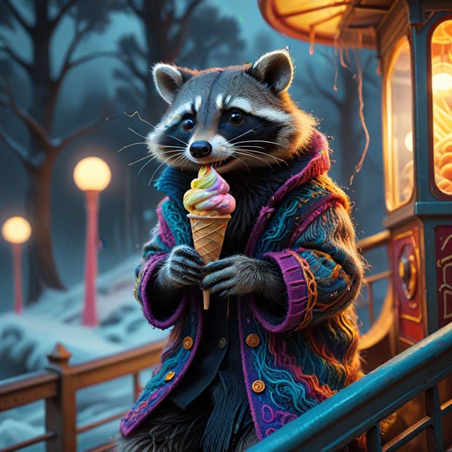 Surreal Felted Wool Art of Raccoon Riding Rollercoaster of D...