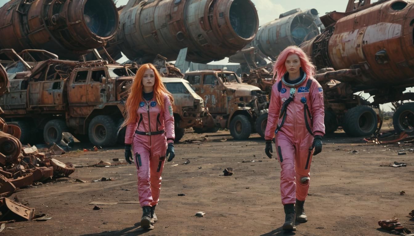Pink-Haired Astronaut in Spaceship Junkyard