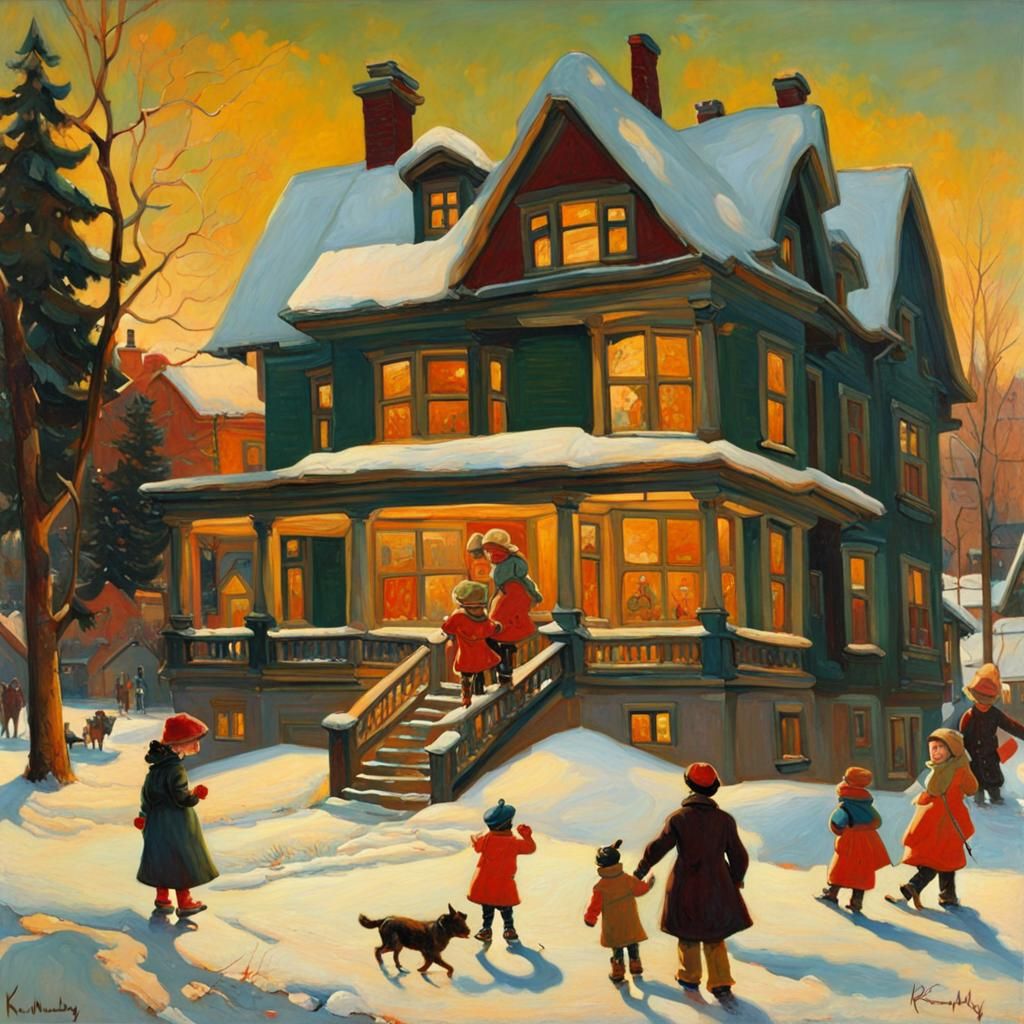 Winter Scene in Kandinsky and Rockwell Style