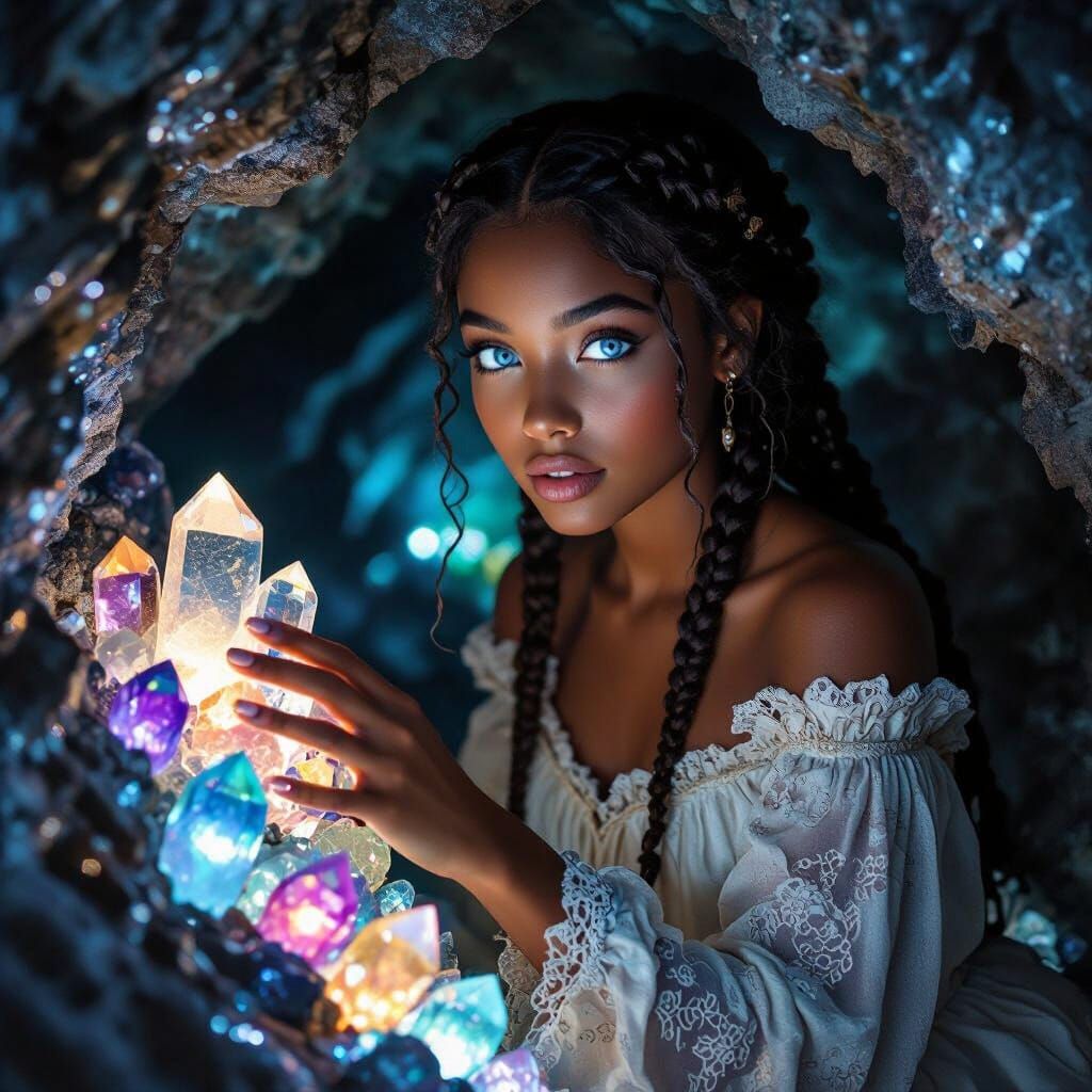 Black Girl in Crystal Cave at Night