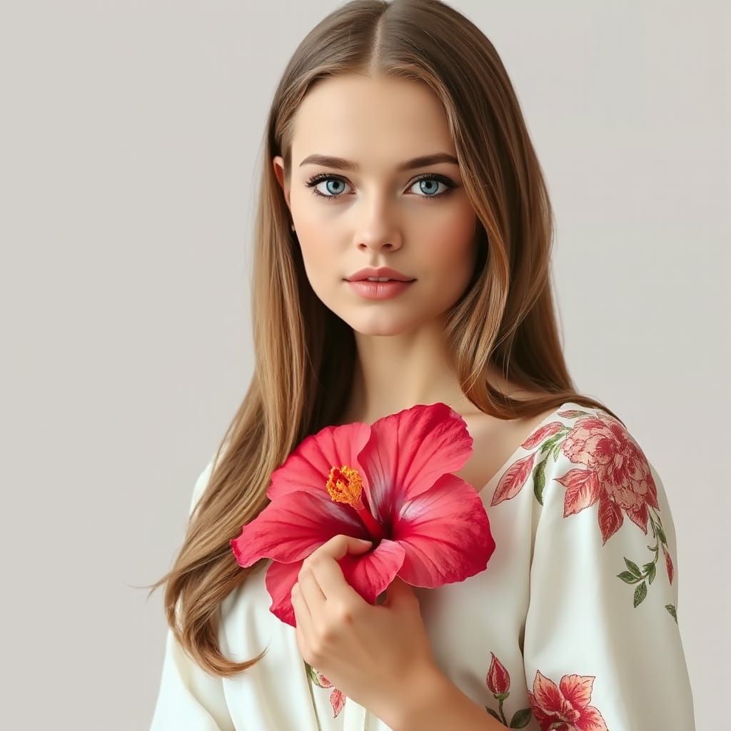 Elegant Woman with Hibiscus in Art Nouveau Style