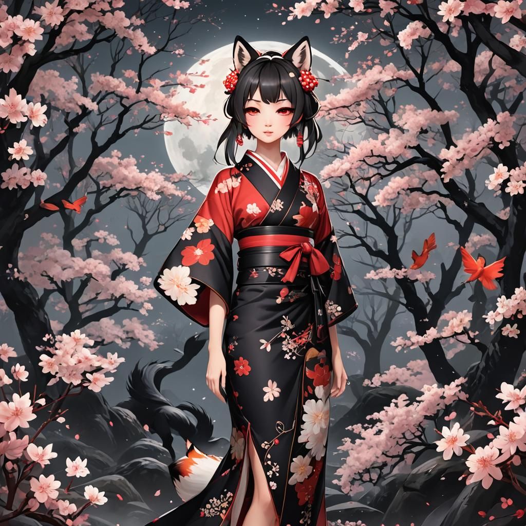 Elegant Foxgirl in Moonlit Forest: Anime Art