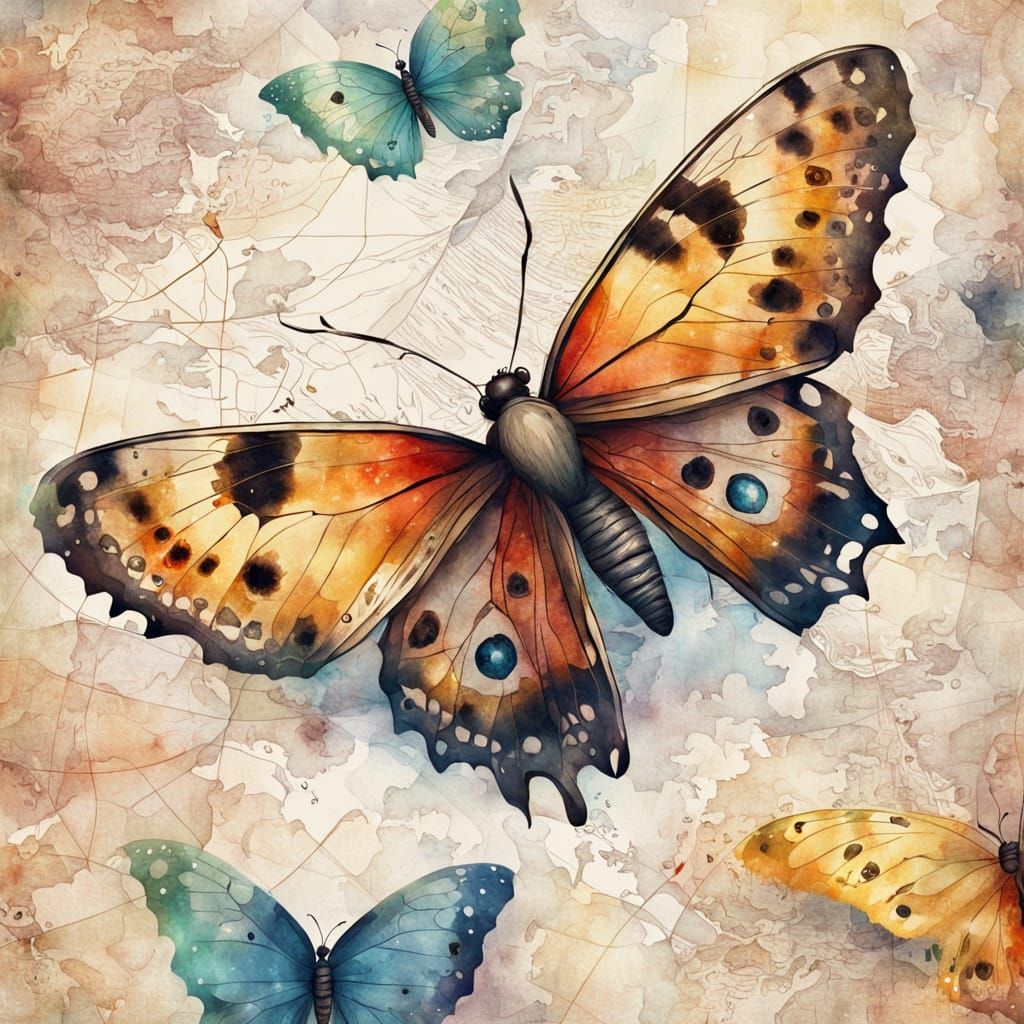 Butterfly Confused by Map in Watercolor Style