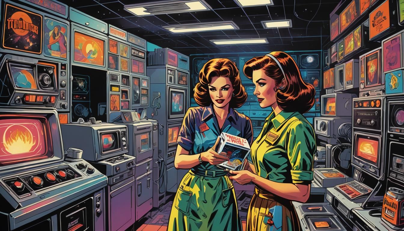 Retro Futurism Housewife in Vaporwave Comic Art