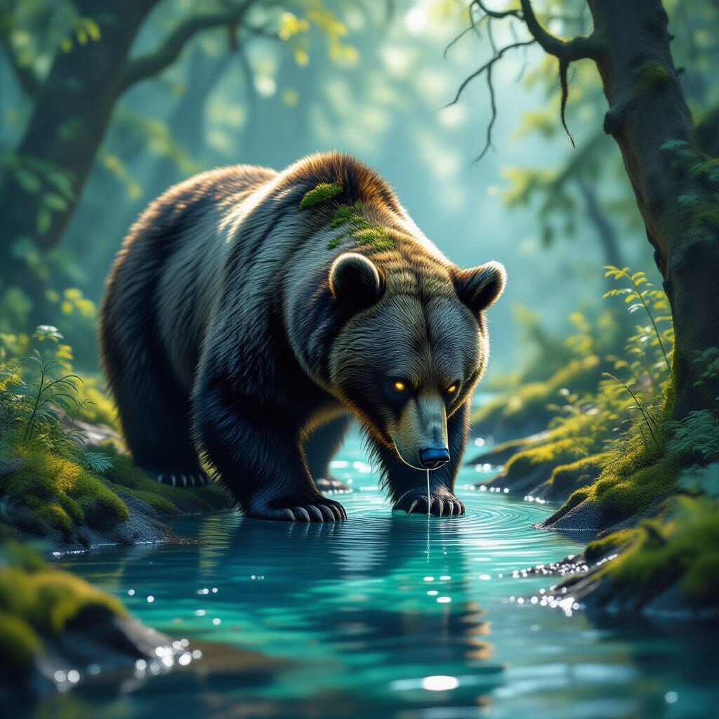 Mossy Black Bear with Glowing Eyes in Alcohol Ink Style