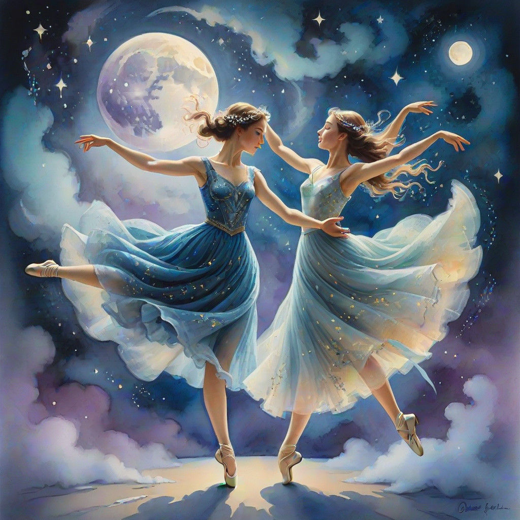 Ethereal Dancers Soar in Dreamlike Neo-Romantic Scene
