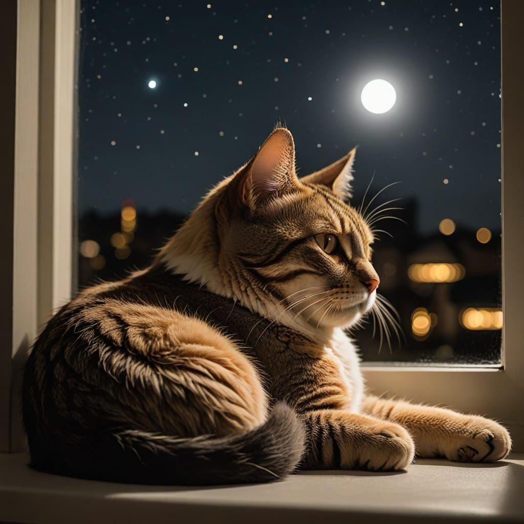 Whiskered Slumber on a Moonlit Window