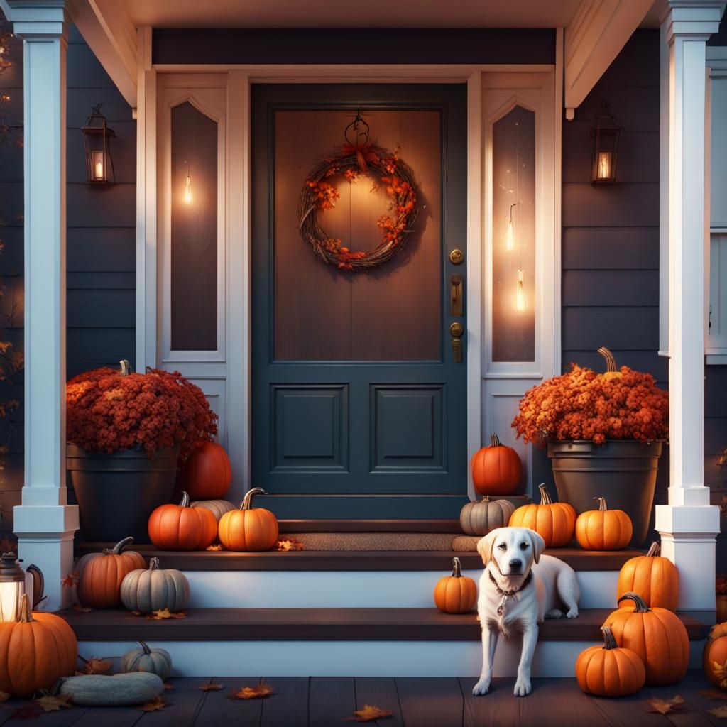 Cozy Autumn Porch with Pumpkins and Dog