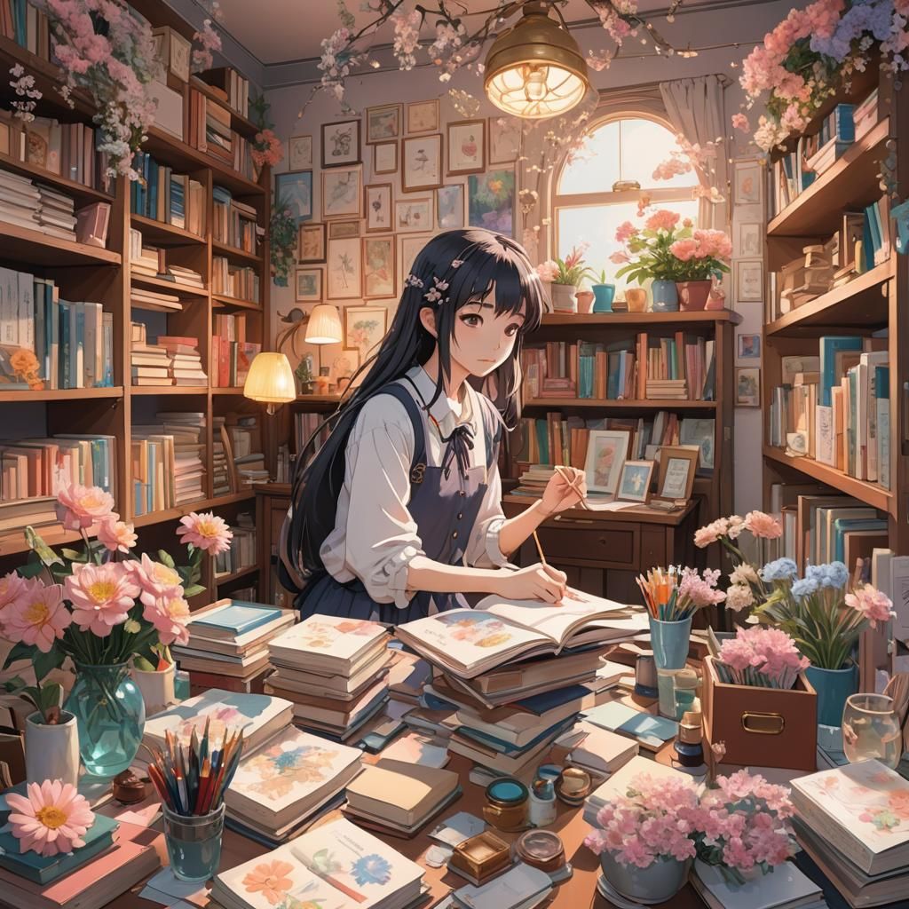 Girl Surrounded by Flowers in Anime Art Style