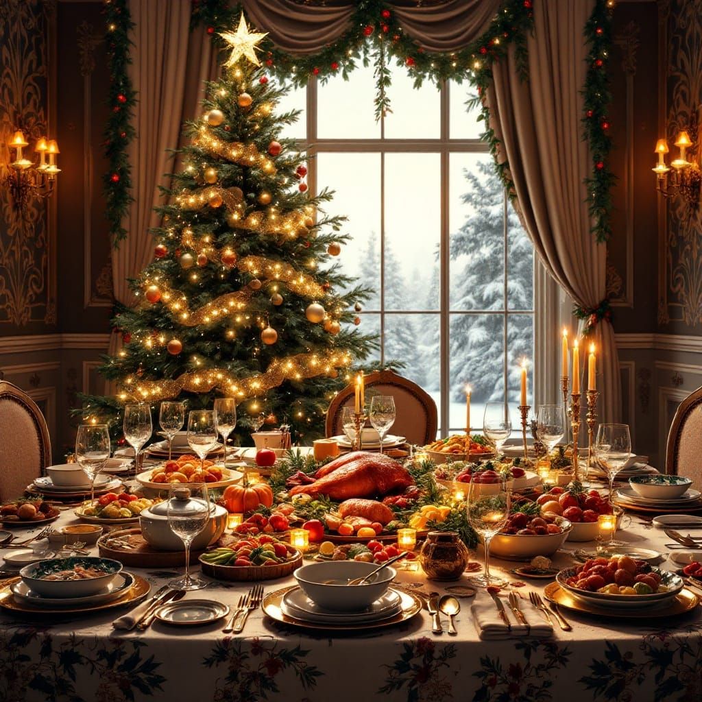 Luxurious Christmas Dinner Setting in a Winter Wonderland