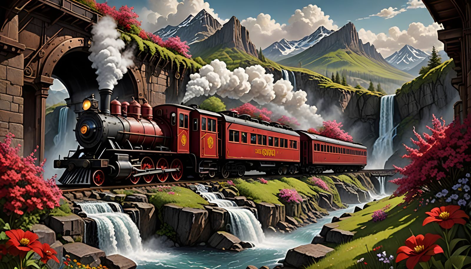 Surreal Steam Train Emerge from Spring Landscape into Steamp...
