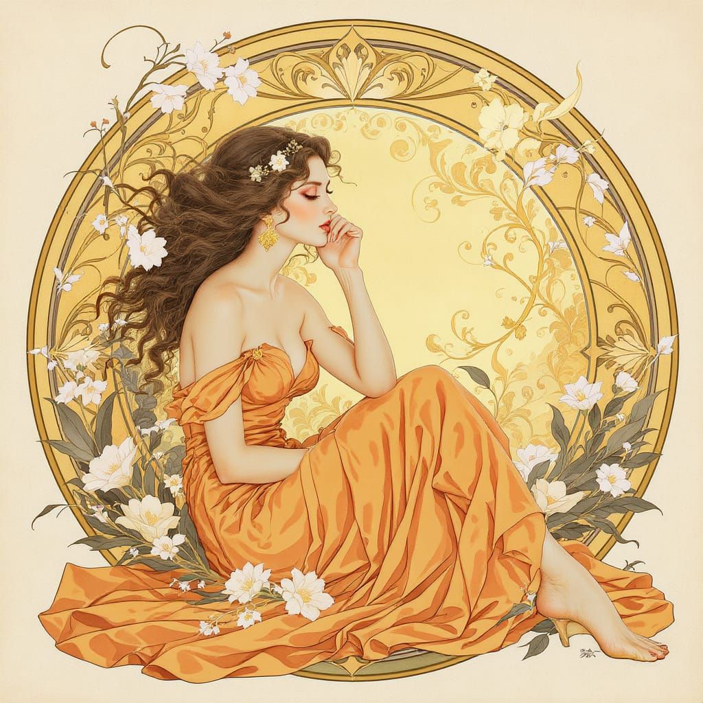 Art Nouveau Woman in Orange Dress with White Flowers